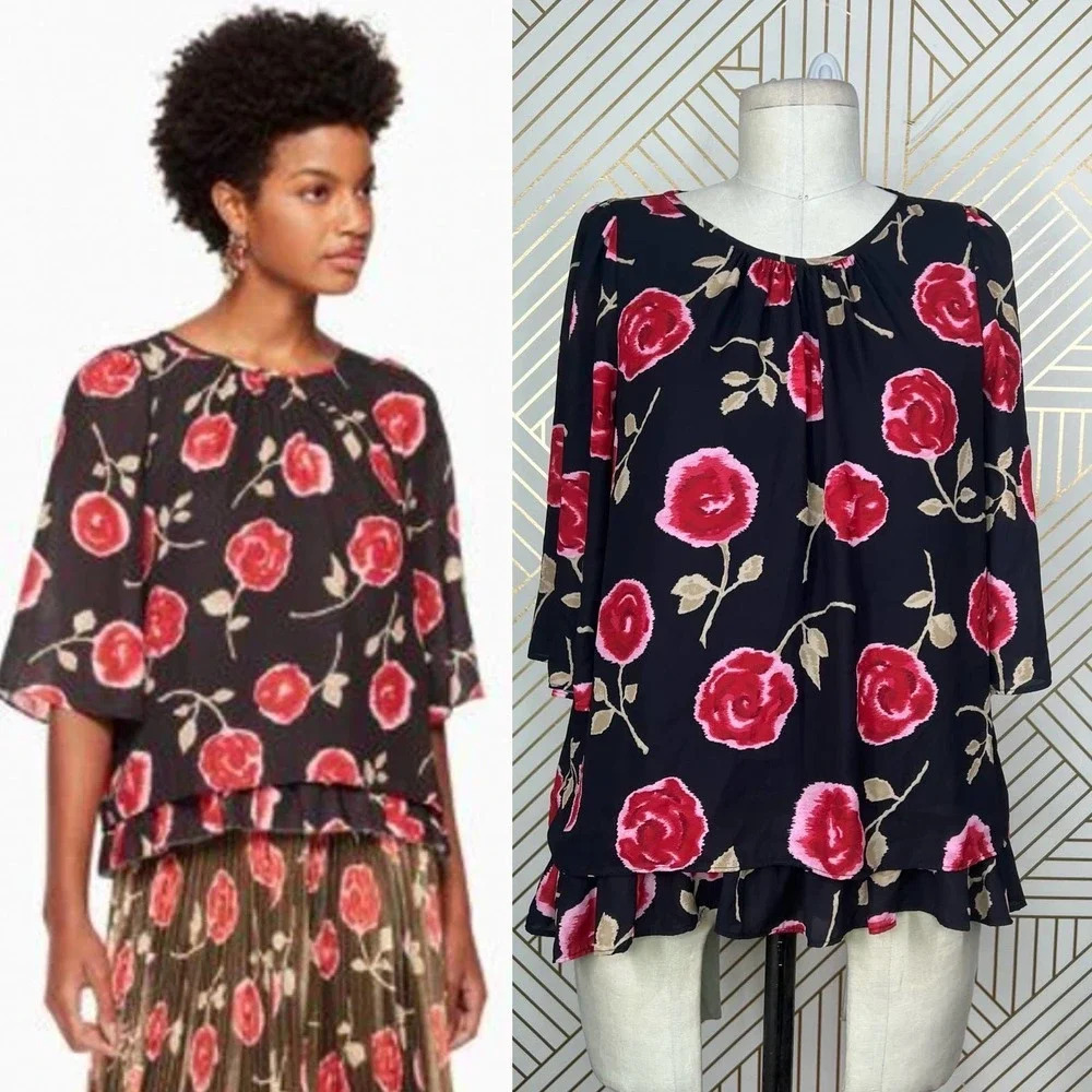 Kate Spade Hazy Rose Double Layer Top In Black Floral Print Size‎ Small
